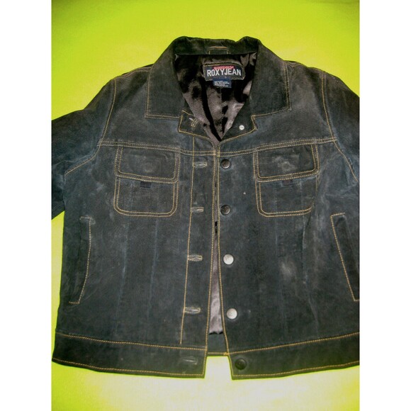 Quicksilver ROXY Suede Leather Navy Coat Jacket Vintage 90s Orginal Bomber Large - Picture 1 of 7
